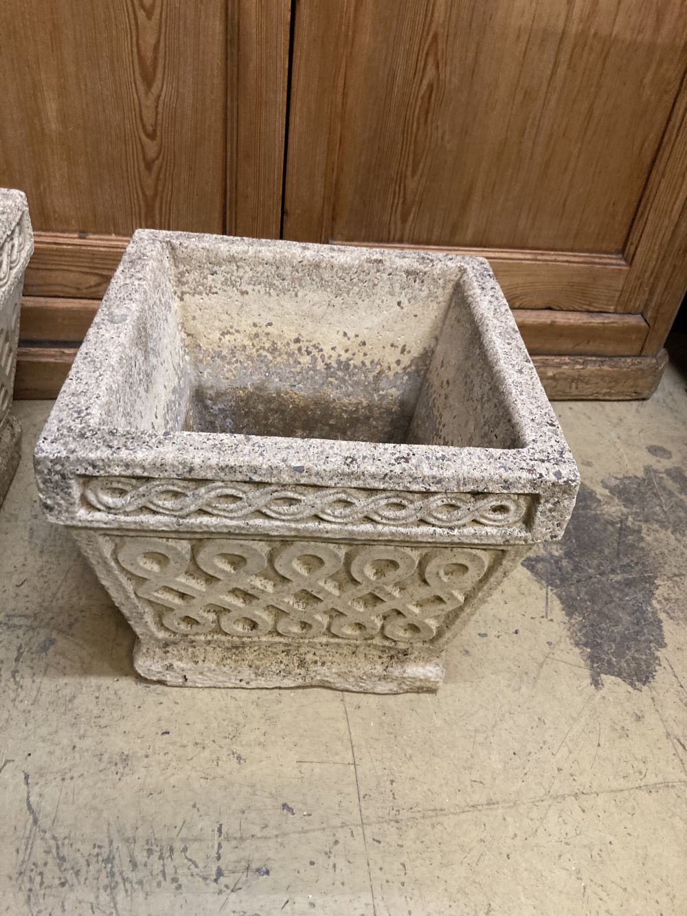 A pair of reconstituted stone square planters, by The Cotswold Studio Ltd, 30 x 30cm height 25cm